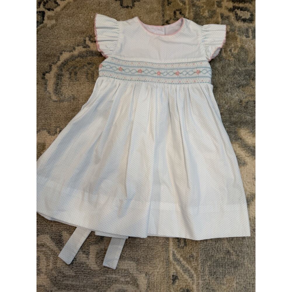 Petit Bebe Smocked White Ruffle Sleeve Now Back Dress Sz 12 Months